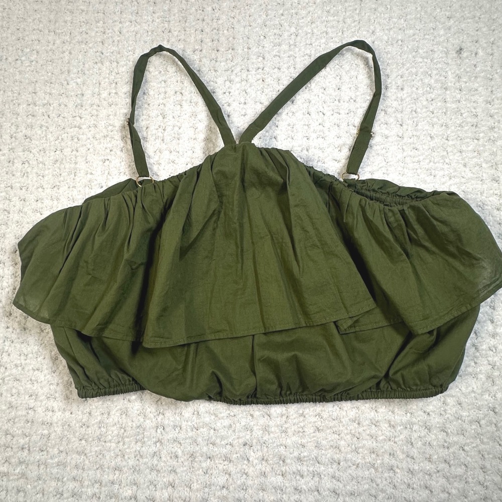 J.Crew Re-Imagined Ruffle Crop Top Olive Green Cotton Halter Womens Medium
